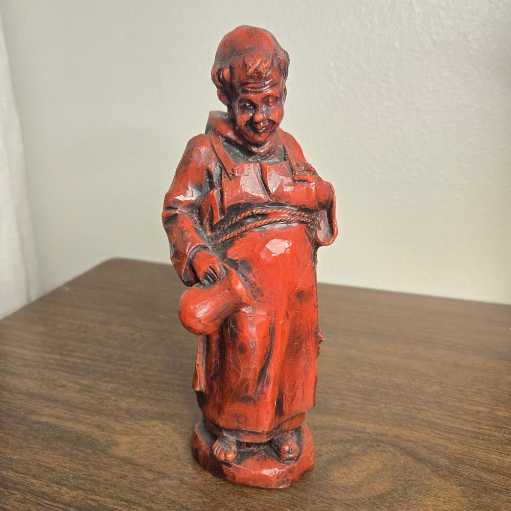 Vintage Hand-Carved Monk Folk Art Figurine - Red Patinated